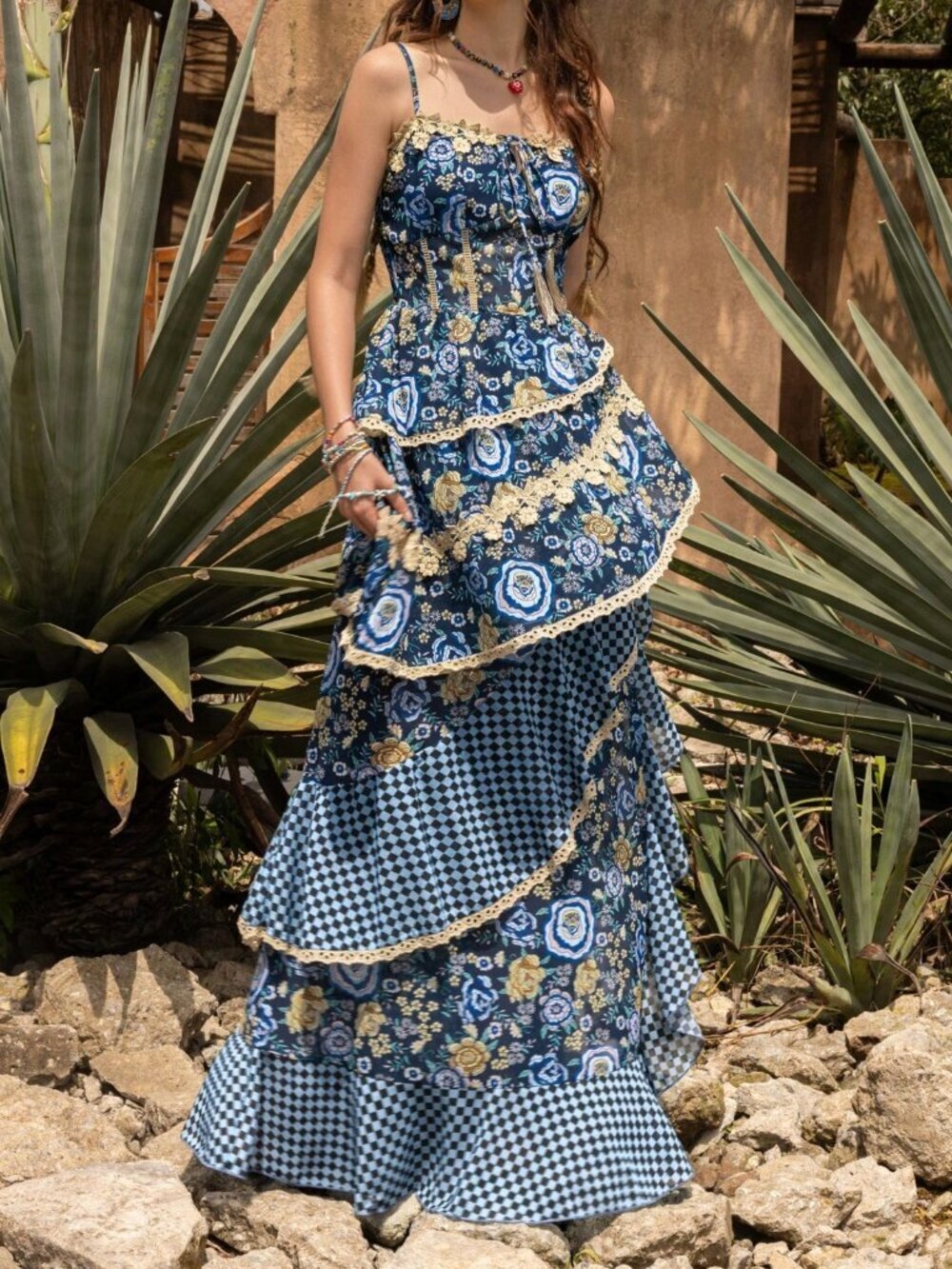 Blue Bohemian Casual Women's Elegant Chiffon Dress with Lace Tassel Tiered Hem - Picture 8 of 11